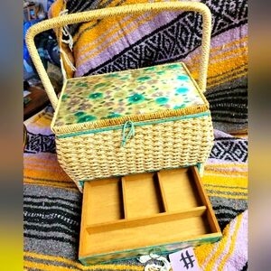 Rare Vintage 1960s floral and wicker sewing basket w/ bottom drawer
